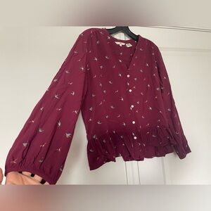 Levis Boho Bird Print Peplum Blouse Burgundy Long Sleeve Button Front Womens XL
